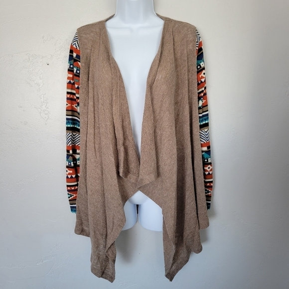 Flying Tomato Sweaters - Flying Tomato Women's Small Taupe Brown Draped Front Cardigan Long Sleeve Aztec